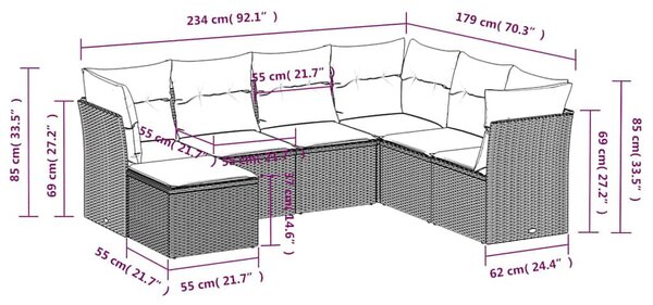 7 részes fekete polyrattan kerti ülőgarnitúra párnával