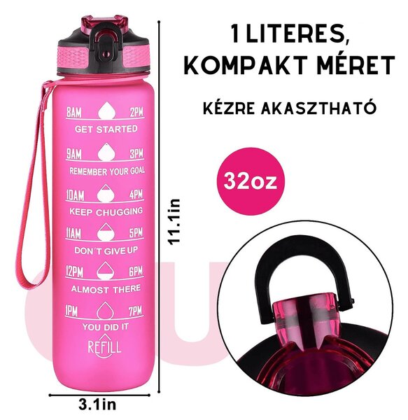 Színes motivációs kulacs idézetekkel és időskálával (1000 ml) - Magenta