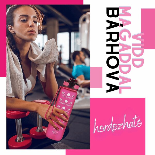 Színes motivációs kulacs idézetekkel és időskálával (1000 ml) - Magenta