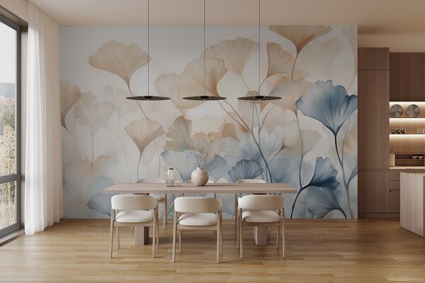 Fotótapéta Ginkgo levelek kék és narancssárga vízfestékkel, áttetsző szirmok, finom szárak, lágy, Természet fotótapéta, w08917 : Uwalls.hu