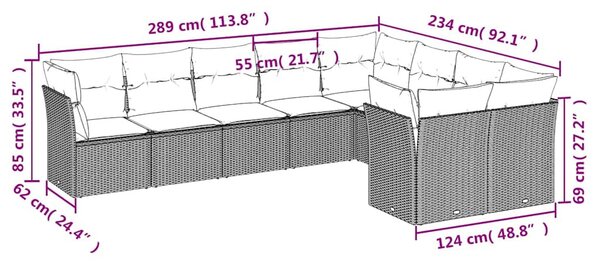 9 részes fekete polyrattan kerti ülőgarnitúra párnákkal