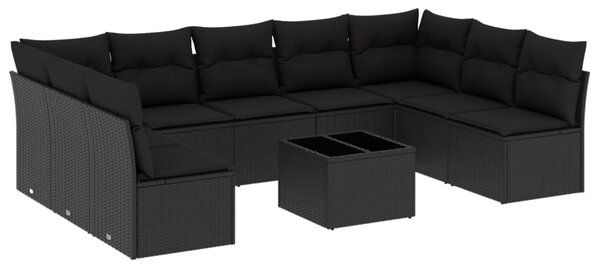10 részes fekete polyrattan kerti ülőgarnitúra párnákkal