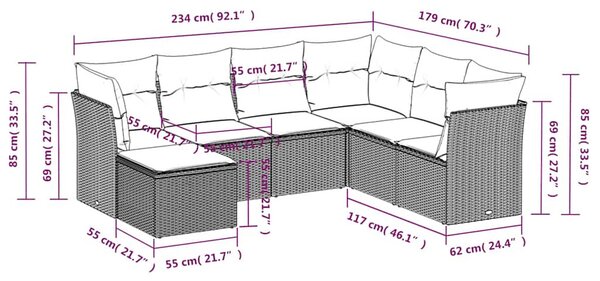 7 részes fekete polyrattan kerti ülőgarnitúra párnával