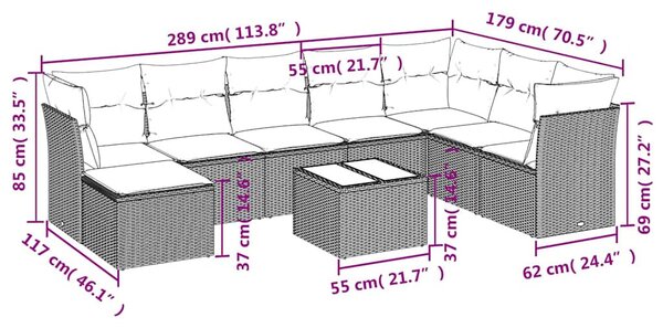 9 részes fekete polyrattan kerti ülőgarnitúra párnákkal