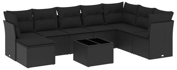 9 részes fekete polyrattan kerti ülőgarnitúra párnákkal