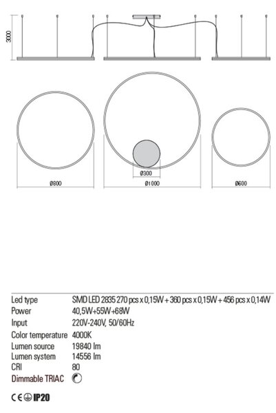 ORBIT LED csillár, fekete, opál, 100-80-60cm-TRIAC