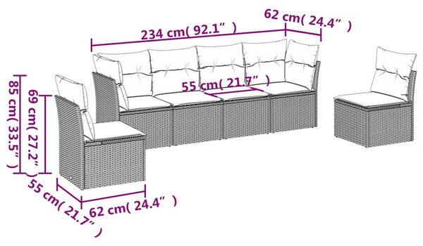 6 részes fekete polyrattan kerti ülőgarnitúra párnákkal