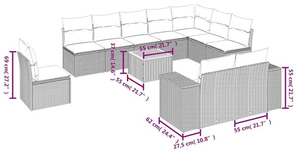11 részes fekete polyrattan kerti ülőgarnitúra párnákkal
