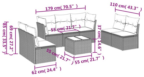 8 részes fekete polyrattan kerti ülőgarnitúra párnákkal