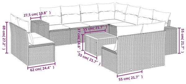 12 részes fekete polyrattan kerti ülőgarnitúra párnákkal