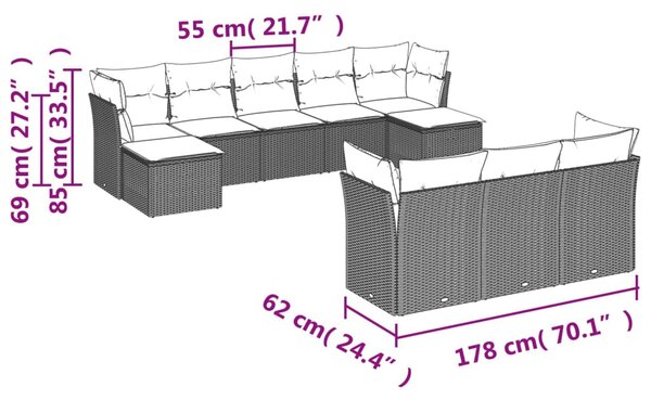 10 részes szürke polyrattan kerti ülőgarnitúra párnákkal
