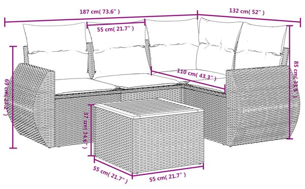 5 részes szürke polyrattan kerti ülőgarnitúra párnákkal