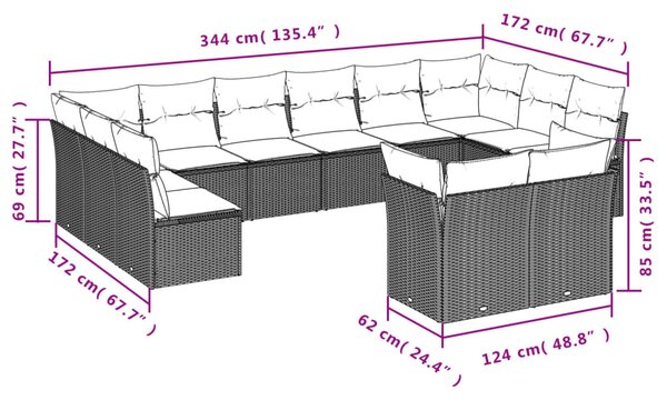 12 részes bézs polyrattan kerti ülőgarnitúra párnákkal