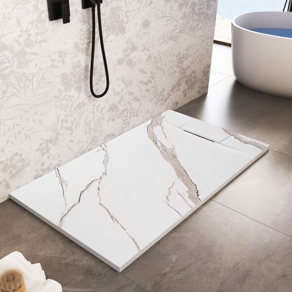 Rea Basalt Carrara, SMC zuhanytálca 80x100, fehér kő mintás, REA-K7000