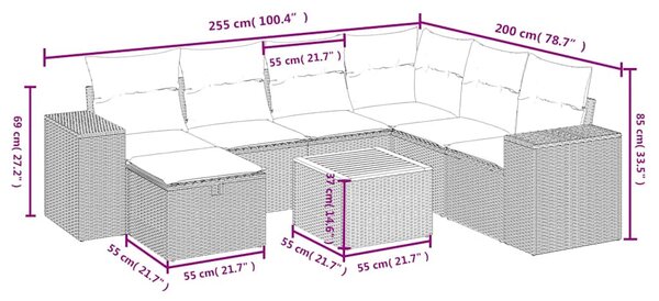 8 részes fekete polyrattan kerti ülőgarnitúra párnákkal
