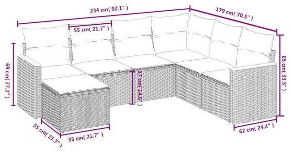 7 részes fekete polyrattan kerti ülőgarnitúra párnával
