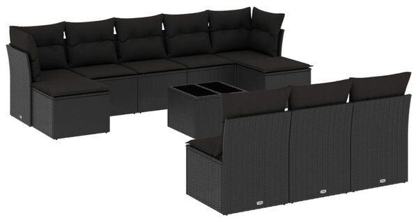 11 részes fekete polyrattan kerti ülőgarnitúra párnákkal