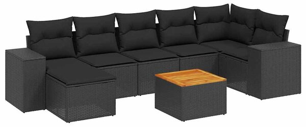 8 részes fekete polyrattan kerti ülőgarnitúra párnákkal