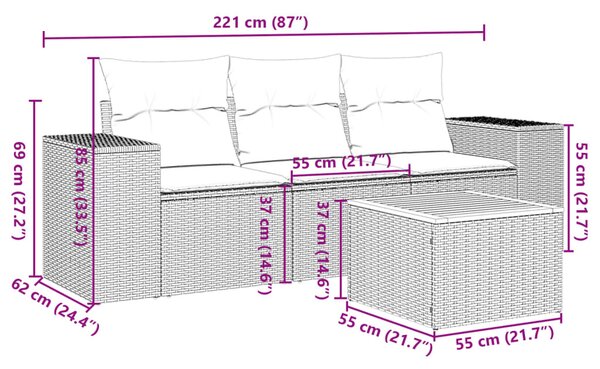 4 részes fekete polyrattan kerti ülőgarnitúra párnákkal