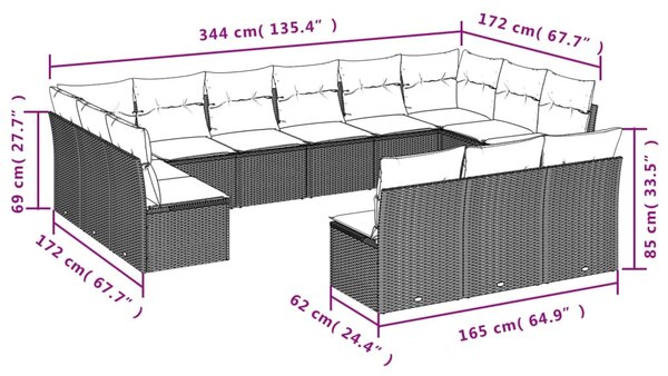 13 részes fekete polyrattan kerti ülőgarnitúra párnákkal