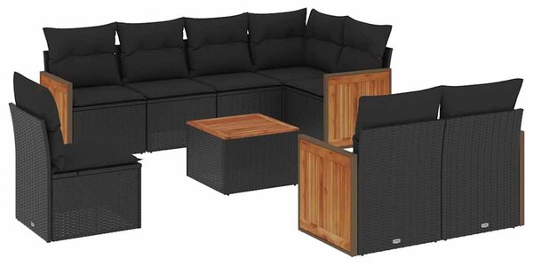 9 részes fekete polyrattan kerti ülőgarnitúra párnákkal