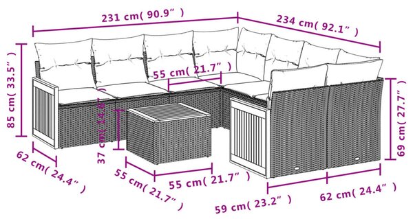 9 részes fekete polyrattan kerti ülőgarnitúra párnákkal