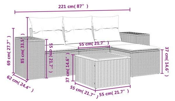 5 részes fekete polyrattan kerti kanapészett párnákkal