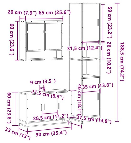VidaXL 3 részes sonoma tölgyszínű szerelt fa fürdőszobai bútorszett