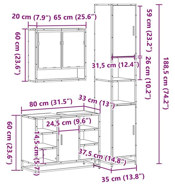 VidaXL 3 részes sonoma tölgyszínű szerelt fa fürdőszobai bútorszett