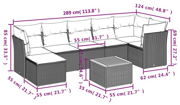 8 részes fekete polyrattan kerti ülőgarnitúra párnákkal
