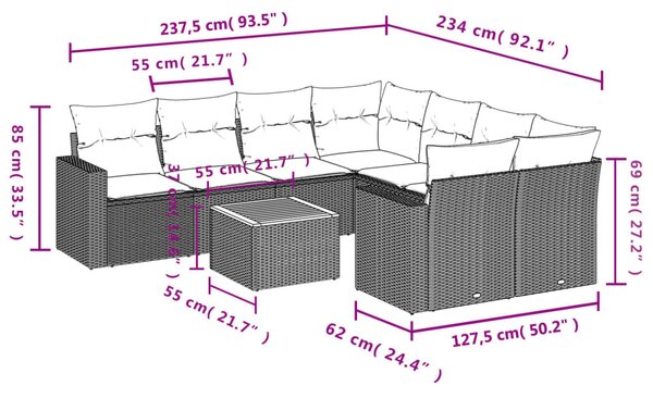 9 részes szürke polyrattan kerti ülőgarnitúra párnákkal