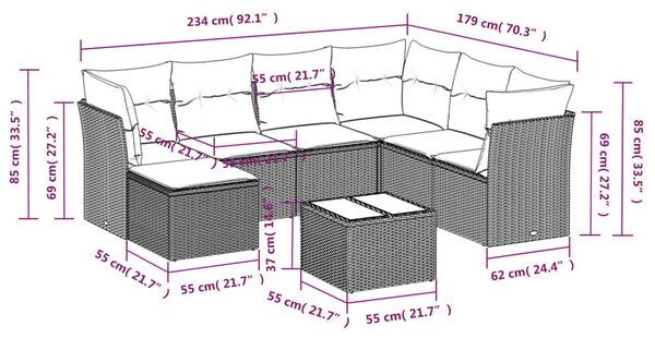 8 részes szürke polyrattan kerti ülőgarnitúra párnákkal