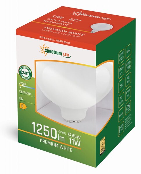 LED izzó hideg GLOB G125 E-27 230V 11W WW WOJ+14367