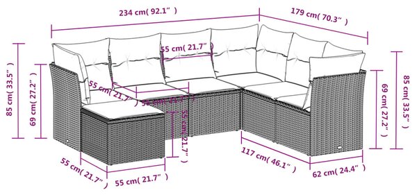 7 részes fekete polyrattan kerti ülőgarnitúra párnával
