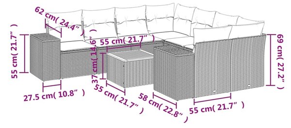 9 részes fekete polyrattan kerti ülőgarnitúra párnákkal