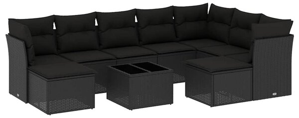 10 részes fekete polyrattan kerti ülőgarnitúra párnákkal