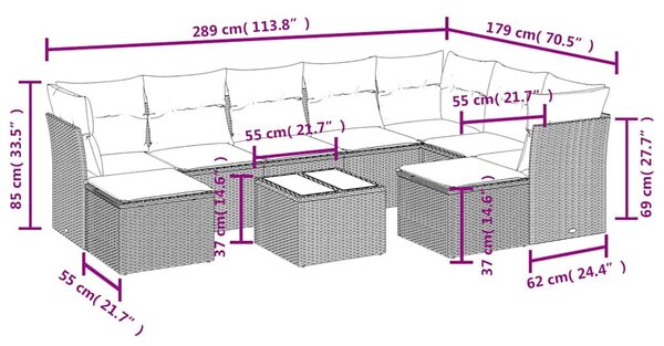 10 részes fekete polyrattan kerti ülőgarnitúra párnákkal