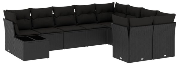 10 részes fekete polyrattan kerti ülőgarnitúra párnákkal