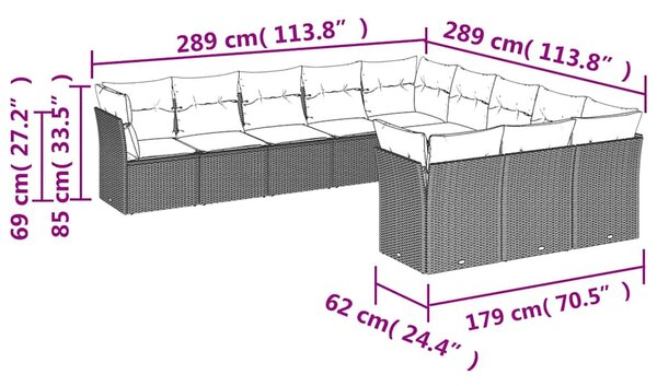 11 részes fekete polyrattan kerti ülőgarnitúra párnákkal