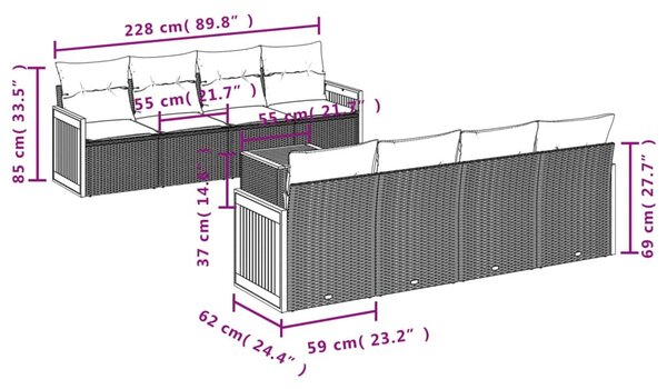 9 részes szürke polyrattan kerti ülőgarnitúra párnákkal