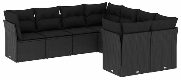8 részes fekete polyrattan kerti ülőgarnitúra párnákkal