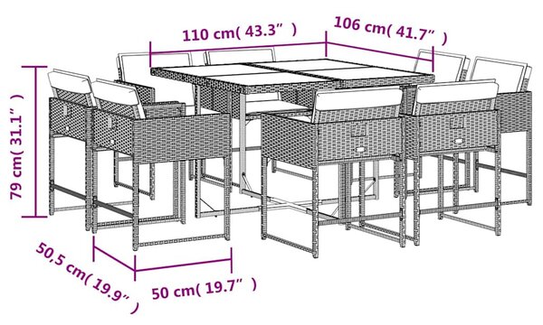 9 részes vegyes bézs polyrattan kerti étkezőgarnitúra párnákkal