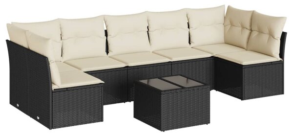 8 részes fekete polyrattan kerti ülőgarnitúra párnákkal