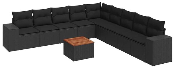 10 részes fekete polyrattan kerti ülőgarnitúra párnákkal
