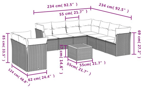 10 részes bézs polyrattan kerti ülőgarnitúra párnával