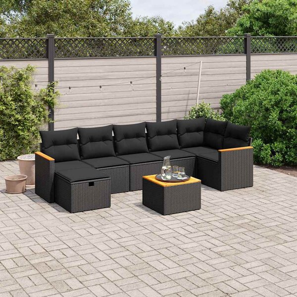 8 részes fekete polyrattan kerti ülőgarnitúra párnákkal