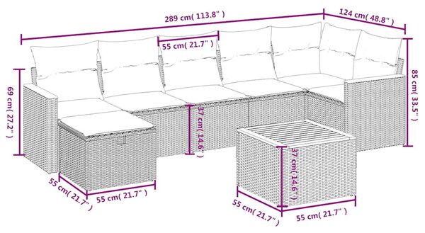 8 részes fekete polyrattan kerti ülőgarnitúra párnákkal