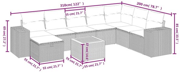 9 részes bézs polyrattan kerti ülőgarnitúra párnákkal