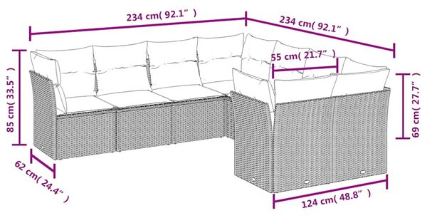 8 részes fekete polyrattan kerti ülőgarnitúra párnákkal