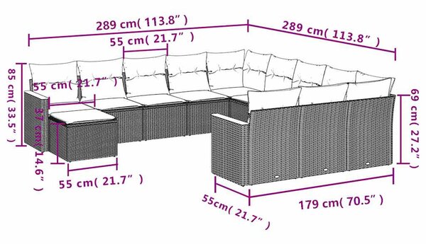12 részes fekete polyrattan kerti ülőgarnitúra párnákkal